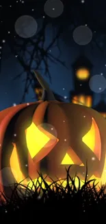 Glowing Halloween pumpkin with spooky night background.