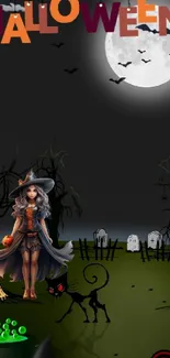 Halloween night wallpaper with witch under moonlight.