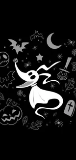 Cute ghost and Halloween elements on a black background wallpaper.