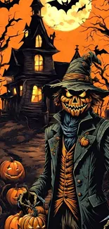 Spooky pumpkin-headed scarecrow at night with haunted house.