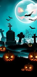 Spooky Halloween wallpaper with jack-o'-lanterns and bats in a moonlit graveyard.