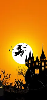 A spooky Halloween mobile wallpaper with a witch silhouette over an orange backdrop.