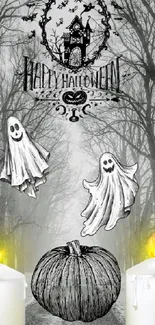 Spooky Halloween wallpaper with ghosts and candles.