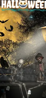 Spooky Halloween wallpaper with skeletons and haunted castle.