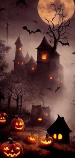 Halloween wallpaper featuring pumpkins and a spooky haunted house under a full moon.