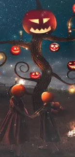 Spooky Halloween night with pumpkins and stars in a whimsical scene.