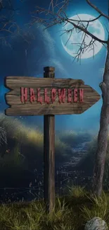 Haunted Halloween night wallpaper with full moon and spooky forest.