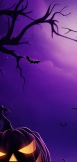 Halloween wallpaper with a purple sky, bats, and glowing pumpkin.