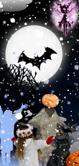 Spooky Halloween scene with full moon, pumpkins, and whimsical ghostly figures.