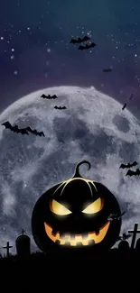 Spooky wallpaper with pumpkin, moon, and bats.