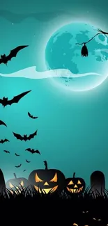 Halloween night with bats and pumpkins under a teal moon.