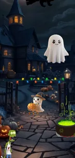 Spooky Halloween night scene with glowing pumpkins and friendly ghosts.