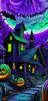 Spooky Halloween scene with glowing pumpkins and haunted houses under a mystical moon.