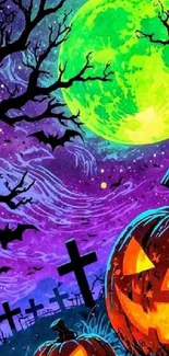 Halloween night with pumpkins and glowing moon.