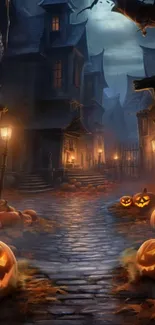 Spooky Halloween street with glowing pumpkins.