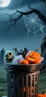 Halloween scene with pumpkins, skeleton, and moonlit graveyard.