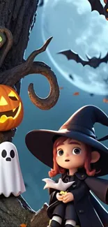 Cute witch with pumpkins under a spooky moonlit sky.
