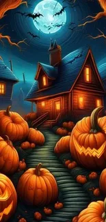 Spooky Halloween night with pumpkins and haunted house under full moon.