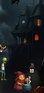 Spooky haunted house with a cartoon witch and zombie on a Halloween night.
