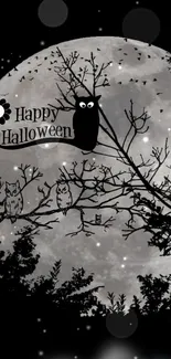 Spooky Halloween night scene with owls and a full moon.