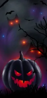 Spooky Halloween wallpaper with glowing pumpkin and eerie night scene.