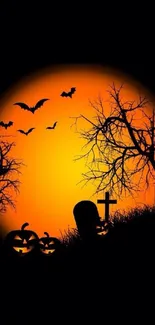 Halloween night wallpaper with orange moon and bats.