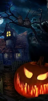 Spooky Halloween wallpaper with Jack-o'-lantern, haunted house, and full moon.