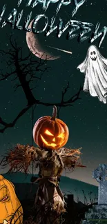 Halloween wallpaper with moon, pumpkin, and ghost.