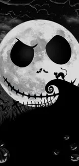 Spooky Halloween night with moon and cat silhouette.