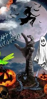 Spooky Halloween wallpaper with witch, ghost, pumpkins, and bats.