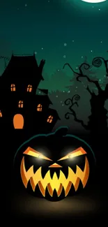 Spooky Halloween wallpaper with jack-o'-lantern and haunted house under moonlit sky.