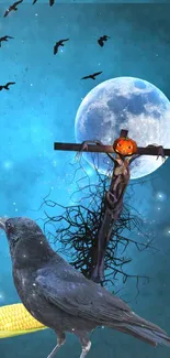 Spooky wallpaper with crow, moon, and pumpkin scarecrow.