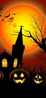 Spooky Halloween wallpaper with pumpkins and full moon.