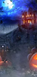 Haunting Halloween night scene with glowing pumpkins and eerie moonlit mansion.