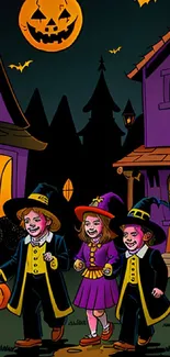 Children in Halloween costumes trick-or-treating with spooky houses.