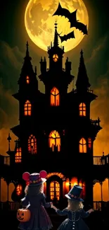 Spooky Halloween wallpaper with haunted house and full moon.