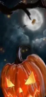 A glowing pumpkin under a full moon in a spooky Halloween night scene.