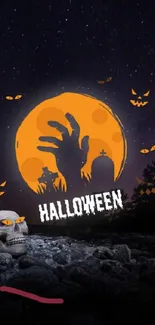 Spooky Halloween night wallpaper with moon and trees in dark scenery.