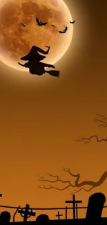 Spooky Halloween night wallpaper with witch, moon, bats, and graveyard silhouettes.