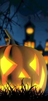 Spooky Halloween wallpaper with glowing pumpkin and haunted house.