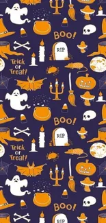 Halloween-themed wallpaper with spooky patterns in dark purple, orange, and white.