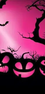 Silhouetted spooky pumpkins and bats on a pink Halloween wallpaper.