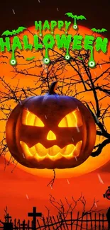 Halloween wallpaper with jack-o'-lantern and orange moon.