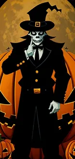 Skeleton in a suit with pumpkins and a full moon, perfect for Halloween wallpaper.