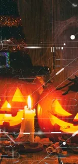 Spooky Halloween wallpaper with pumpkins and candles.