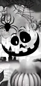 Black and white Halloween pumpkin art with spider web.