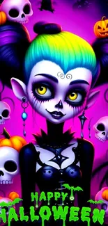 Halloween cartoon character with colorful hair and spooky design.