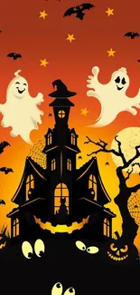 Spooky Halloween mobile wallpaper with ghosts and haunted house.