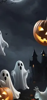 Spooky Halloween wallpaper with ghosts and pumpkins under a dark night sky.