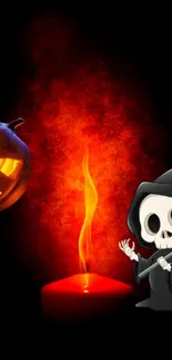 Halloween wallpaper with pumpkin, candle, and grim reaper.